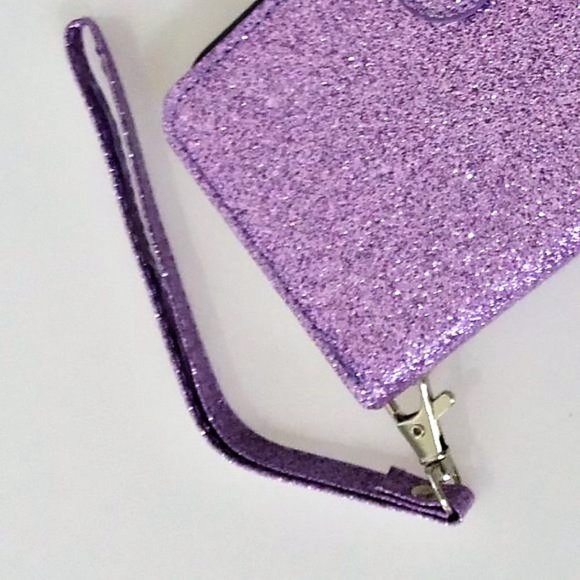 PHONE 11 6.1" GILTTER PURPLE FLIP WALLET WRIST STRAP CARD HOLDER - Picture 13 of 16